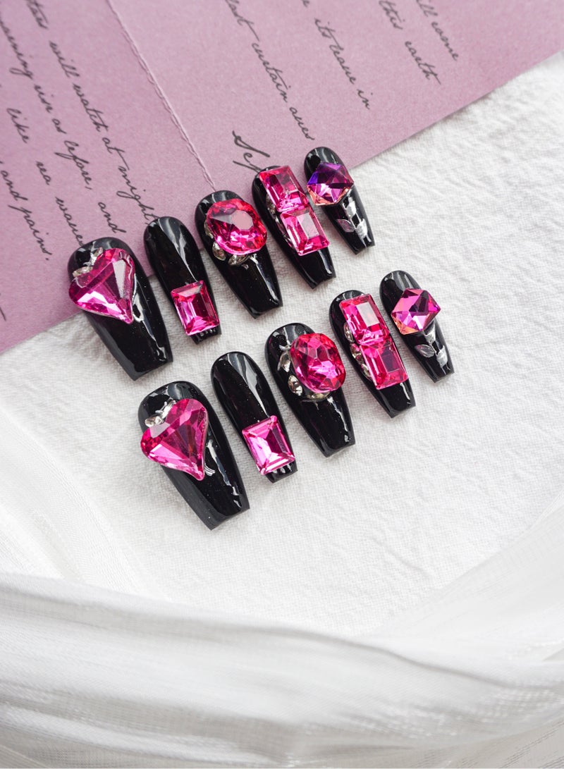 Artist Design/3D Black Pink (Handmade)/Press On nails/Luxury Hand Painted/Long Coffin/10 PCS/M Size - Image 2