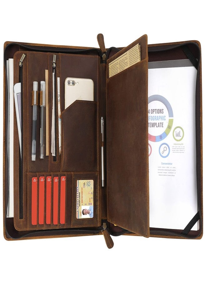 Ringsun Genuine Leather Portfolio Organizer for Men Women with Handle, Full Grain Leather Padfolio Folder with Zipper Business Resume Portfolio for 12.9" iPad, Brown, RS118 - Image 1