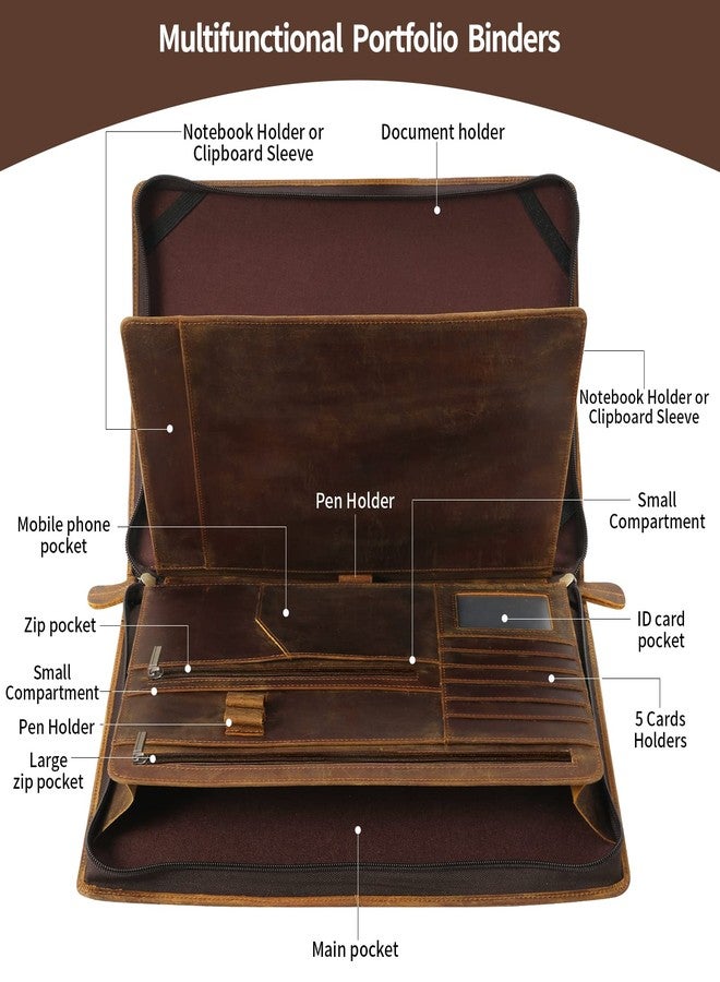 Ringsun Genuine Leather Portfolio Organizer for Men Women with Handle, Full Grain Leather Padfolio Folder with Zipper Business Resume Portfolio for 12.9" iPad, Brown, RS118 - Image 3
