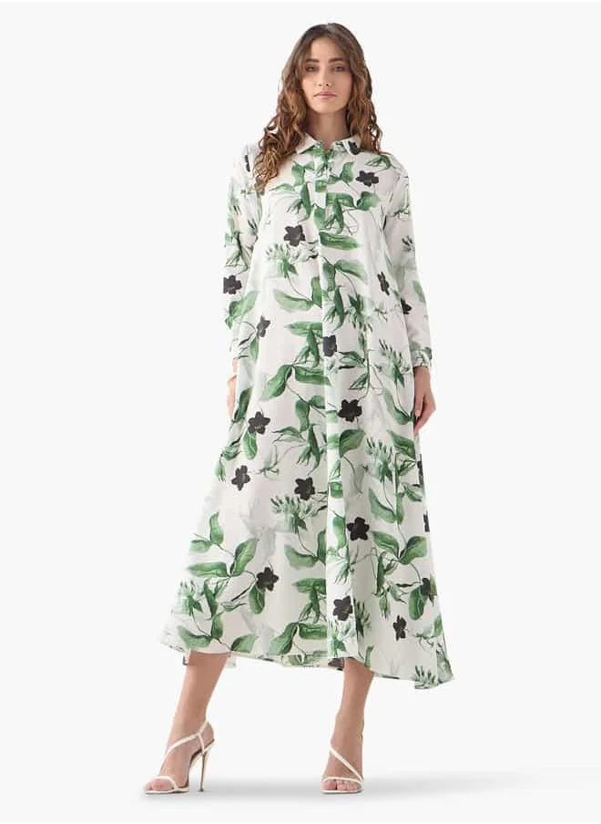 ايكونيك Iconic Floral Print Trapeze Dress with Cuff Sleeves