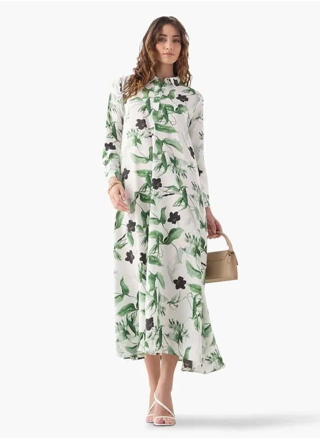 ايكونيك Iconic Floral Print Trapeze Dress with Cuff Sleeves