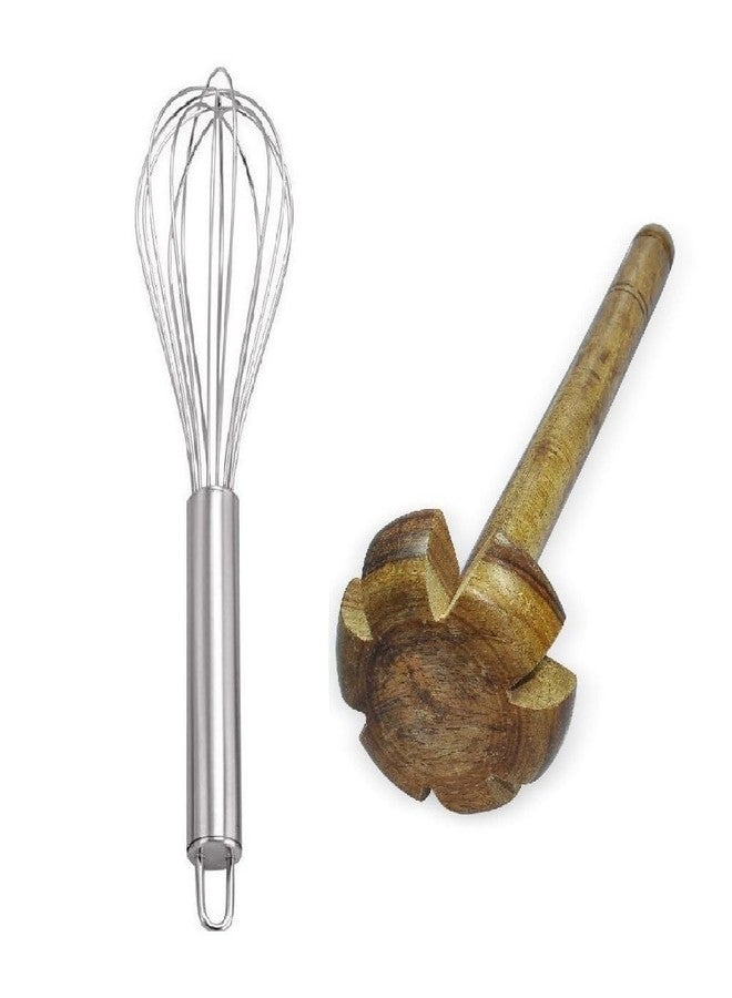 BLUE WONDER Stainless Steel Wire-Egg Beater | Wisk with Handle Combo Pure Wooden Hand Blender Mathani Rai - Brown | Kitchen Accessories | Multipurpose Kitchen Tool | Multicolour | Pack of 2