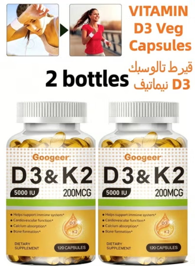 K2 2pcs Vitamin D3 & K2 Supplements - 5,000 IU D3 & 200 mcg K2 per Capsule, 120 Veggie Capsules - Image 1