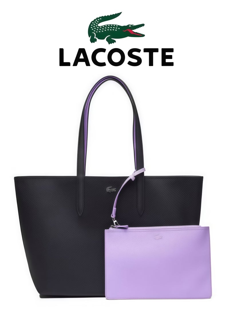 لاكوست حقيبة لاكوست النسائية ذات الوجهين ذات السعة الكبيرة، أنيقة ومتعددة الوظائف، باللونين الأسود والأرجواني - Image 1