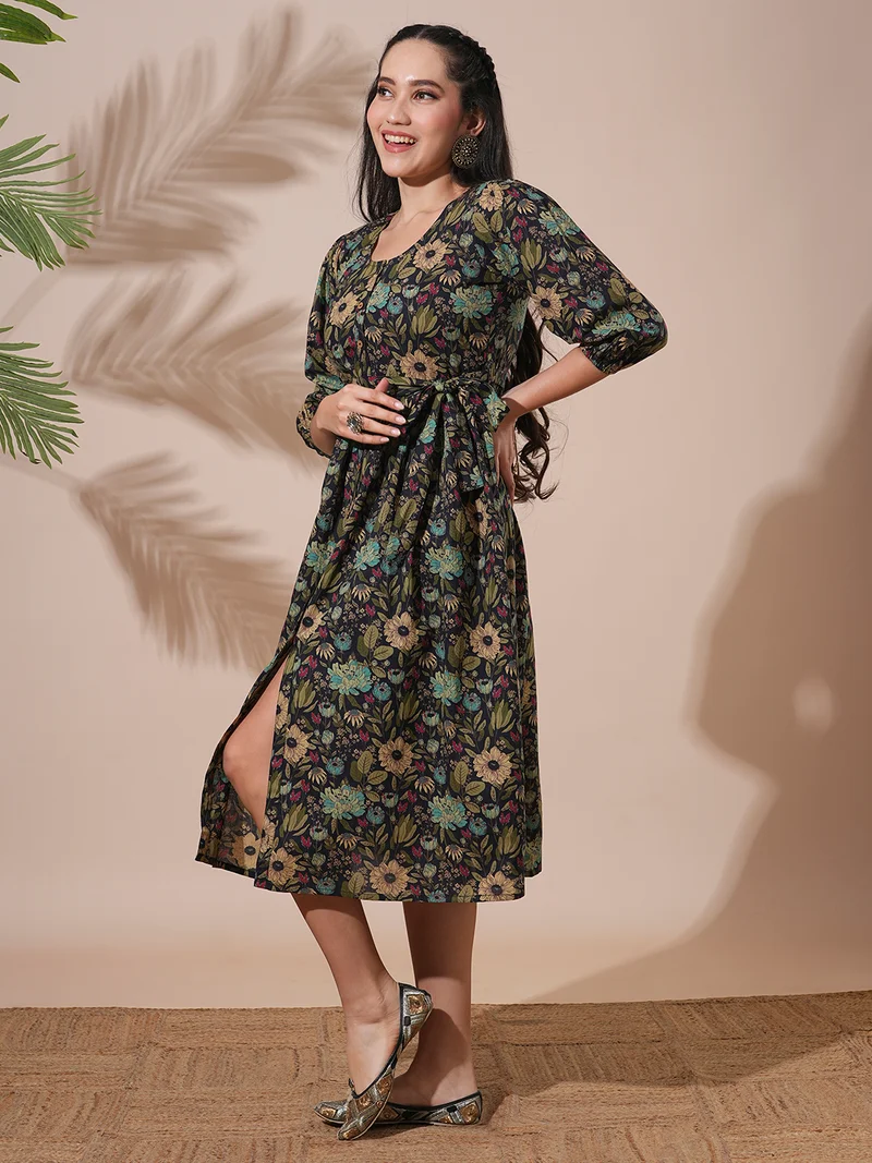globus Globus Women Allover Floral Printed Bishop Sleeves Waist Tie-Up Button-Down A-Line Midi Dress