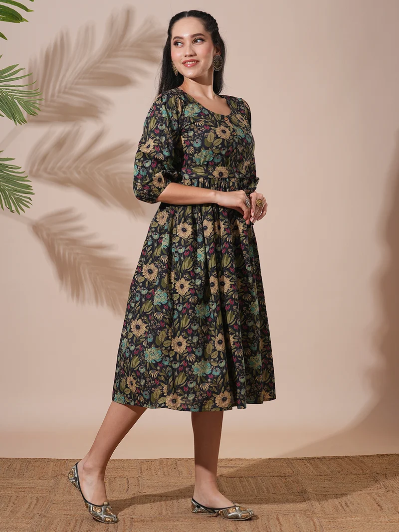 globus Globus Women Allover Floral Printed Bishop Sleeves Waist Tie-Up Button-Down A-Line Midi Dress