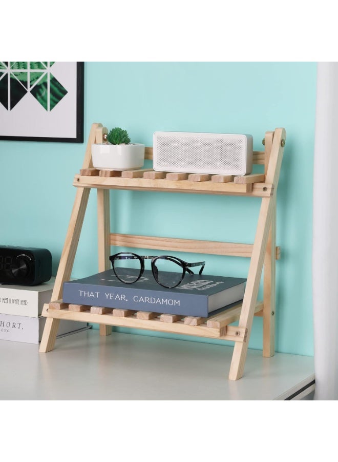 RATSAW 2-Step Desktop Storage Organizer Foldable 2 Tier Ladder Plant Stand Wood Display Shelf Decorative Storage Rack for Table Top - Image 3