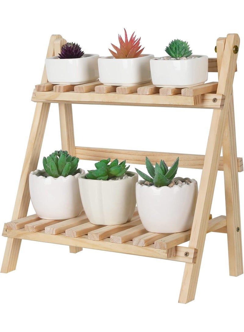 RATSAW 2-Step Desktop Storage Organizer Foldable 2 Tier Ladder Plant Stand Wood Display Shelf Decorative Storage Rack for Table Top - Image 1