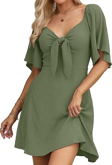 European and American Export Cross-Border Summer Womens V-Neck Bow Tie Short-Sleeved Pullover Lotus Leaf Sleeve Mini Dress Army green