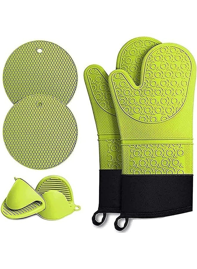 6pcs  Oven Mitts and Pot Holders Sets， Extra Long  Heat Resistant Silicone Oven Mittens with Mini Oven Gloves and Hot Pads Potholders for Kitchen Baking Cooking, Quilted Liner (Green)  - Image 1