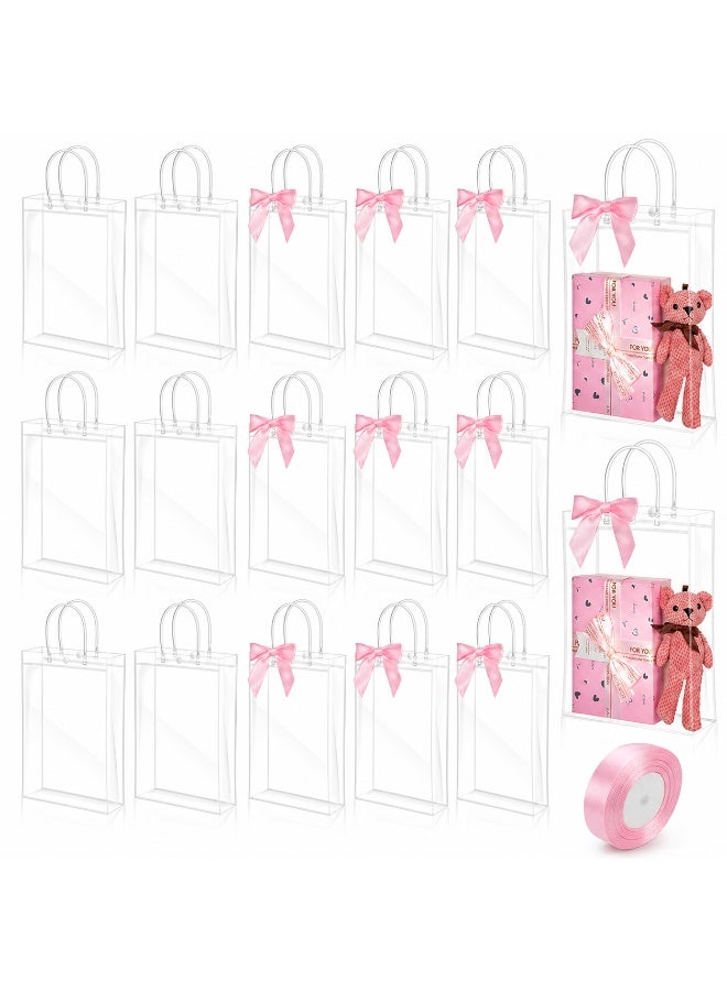 DIOTTI 15PCS Clear Plastic Gift Bags with Handles, Transparent PVC Gift Bags with Pink and White Ribbon, Reusable Waterproof Party Favor Bags for Festivals, Weddings, Baby Shower, Daily Use (15*20*7 CM) - Image 1