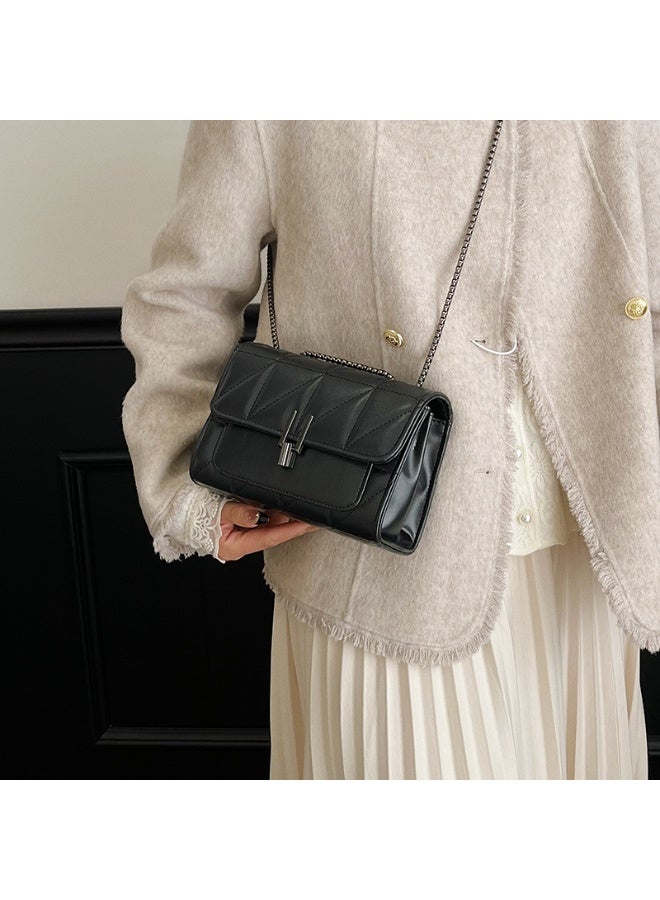Women's Black Quilted Faux Leather Crossbody Bag with Chain Strap & Turn-Lock - Image 3