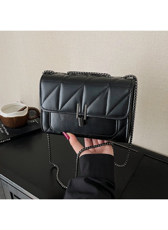 Women's Black Quilted Faux Leather Crossbody Bag with Chain Strap & Turn-Lock - Image 1