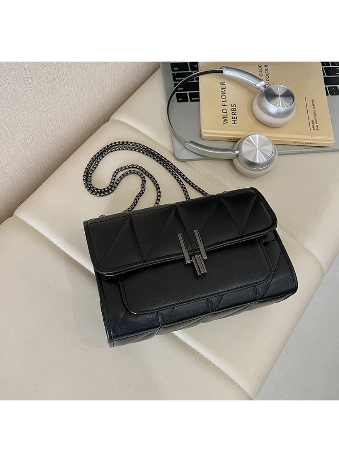 Women's Black Quilted Faux Leather Crossbody Bag with Chain Strap & Turn-Lock - Image 2