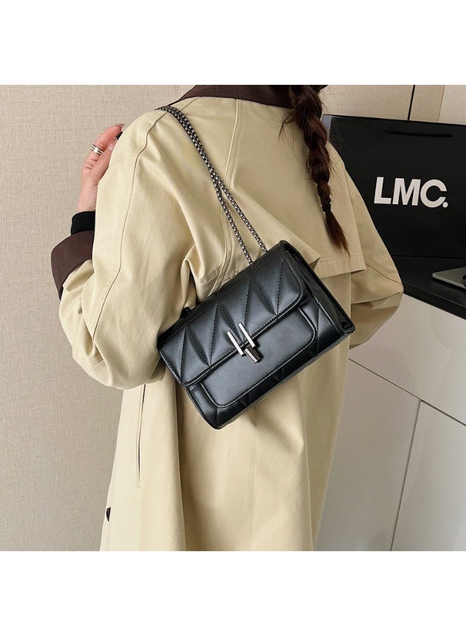 Women's Black Quilted Faux Leather Crossbody Bag with Chain Strap & Turn-Lock - Image 5