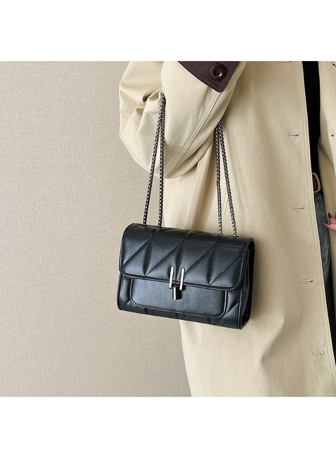 Women's Black Quilted Faux Leather Crossbody Bag with Chain Strap & Turn-Lock - Image 4
