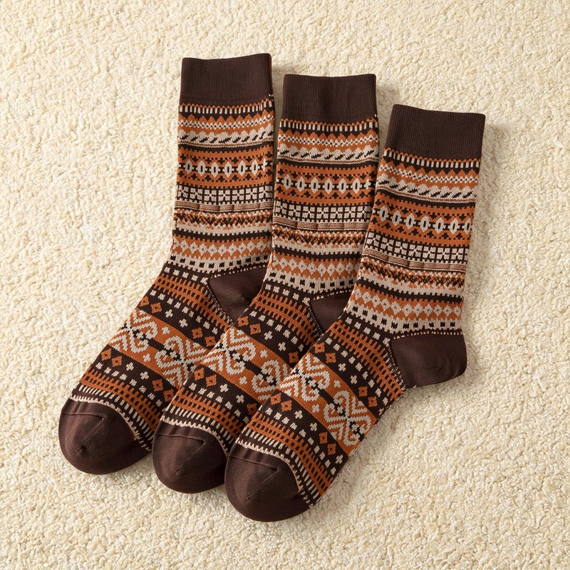 Women Vintage Ethnic Socks Cotton Blend Warm Mid Crew Fall Winter 6 Pairs - Image 3