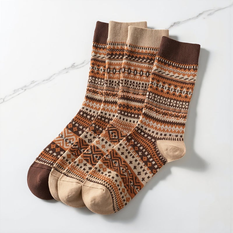 Women Vintage Ethnic Socks Cotton Blend Warm Mid Crew Fall Winter 6 Pairs - Image 4