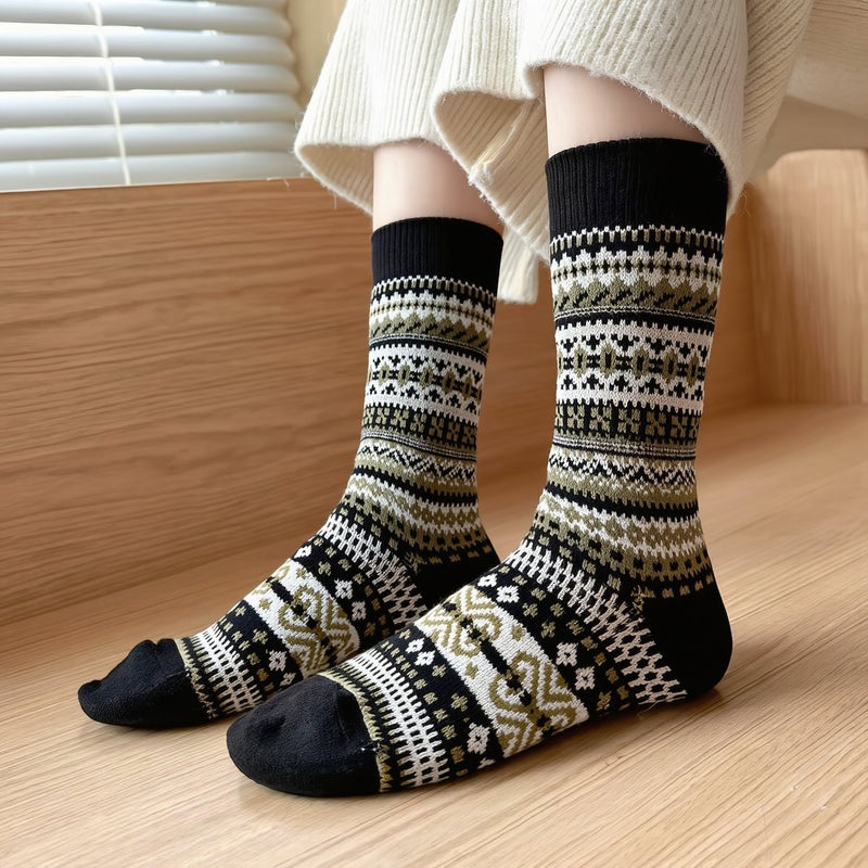 Women Vintage Ethnic Socks Cotton Blend Warm Mid Crew Fall Winter 6 Pairs - Image 1