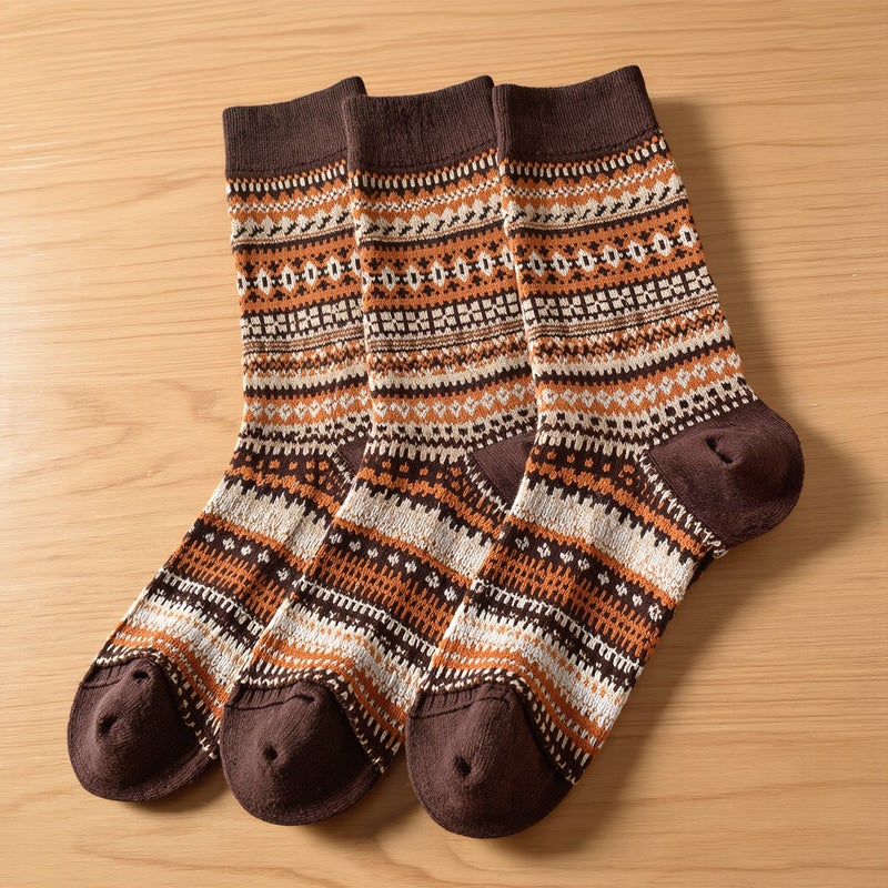 Women Vintage Ethnic Socks Cotton Blend Warm Mid Crew Fall Winter 6 Pairs - Image 2