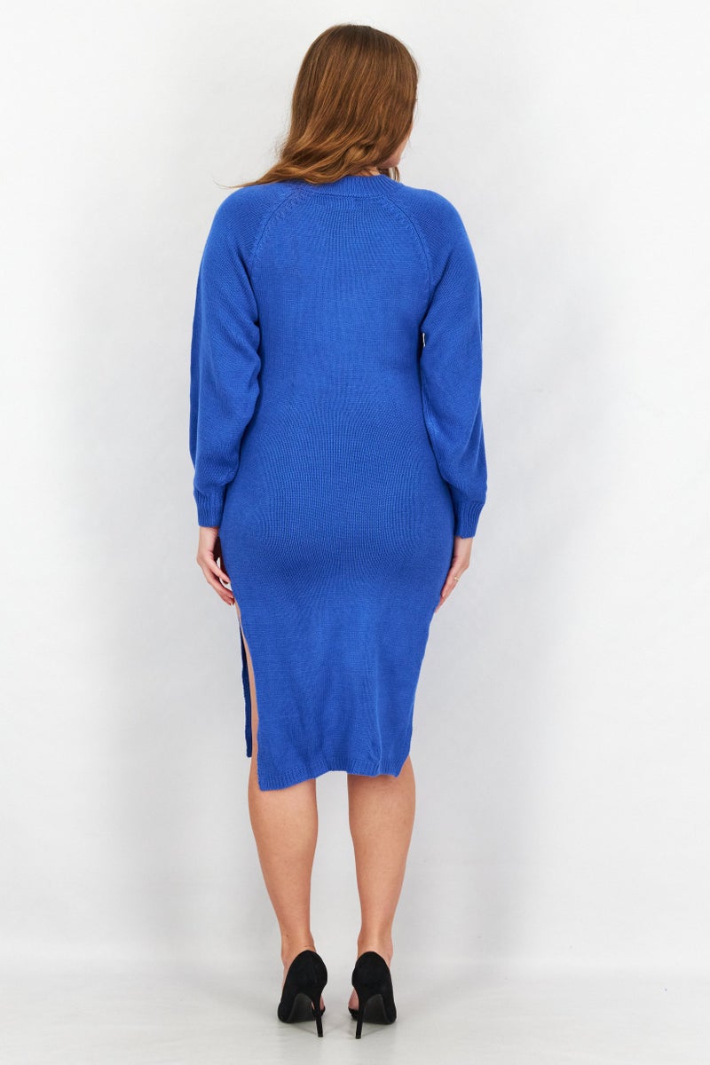 In the style Women Petite Belt Front Split Midi Dress, Blue - Image 3