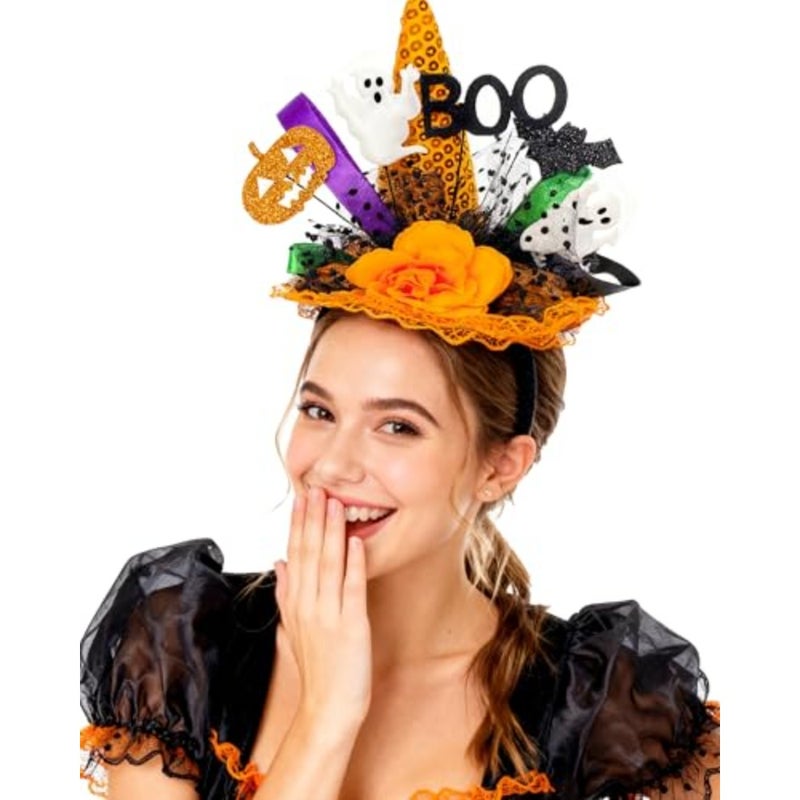 Halloween Witch Hat Headband Ghost Boo Fascinator for Women Pumpkin Headband Halloween Hats Cosplay Accessory Adults - Image 3
