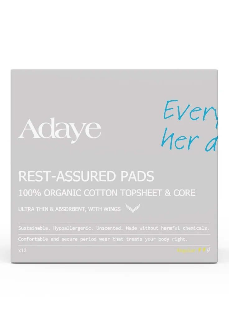 Adaye Organic Pads for Women | 100% Organic Cotton Pads with Wings | Ultra-Thin, Hypoallergenic, Toxin-Free, Unscented Sanitary Pads | Sustainable & Plastic-Free (Pack of 12)