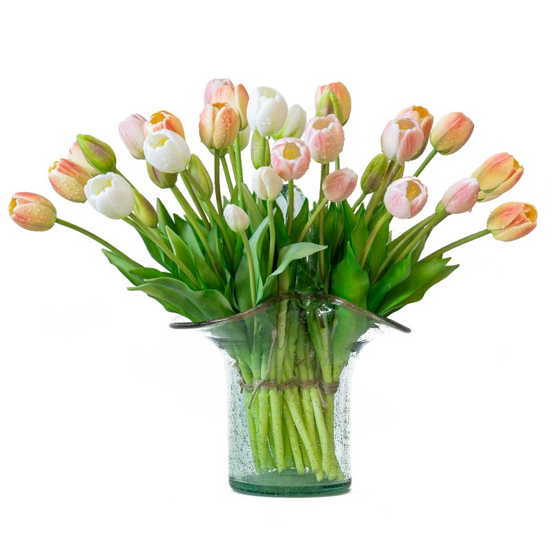DUYONE 40pcs Artificial Tulips Flowers, Latex Bouquet, Fake Tulips for Office Wedding Party Home Kitchen Garden Decoration-B Champagne - Image 1