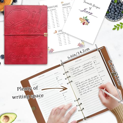 leeveel Blank Recipe Book to Write in Your Own Recipes, 5.6 X 8.2 Recipe Ring Binder with PU Leather Cover, Recipe Journal with 160 Recipes (red) - Image 3