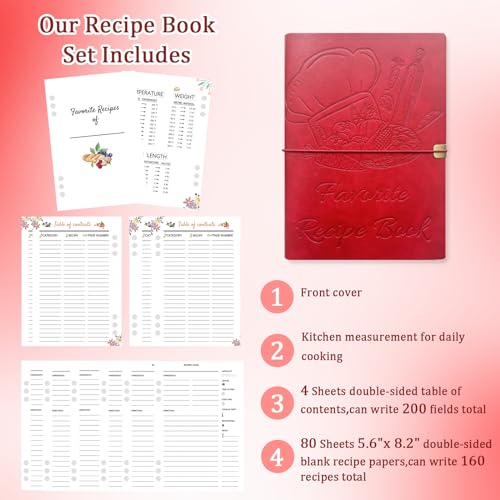 leeveel Blank Recipe Book to Write in Your Own Recipes, 5.6 X 8.2 Recipe Ring Binder with PU Leather Cover, Recipe Journal with 160 Recipes (red) - Image 2