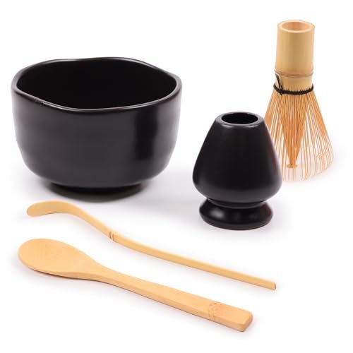BambooMN Matcha Bowl Set (Includes Bowl, Rest, Tea Whisk, Chasaku & Tea Spoon) 1 Set Black - Image 1