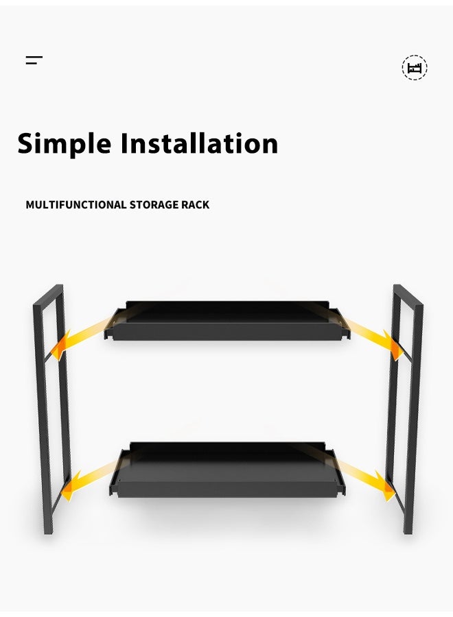 إتش كيو جيمنغ منظم رفوف التوابل للمطبخ من طبقتين لطاولة المطبخ، منظم رفوف طاولة القهوة، منظم رفوف الخزانة، رفوف طاولة المطبخ، تخزين المطبخ، رف التوابل، منظم برطمان التوابل (أسود) - Image 5
