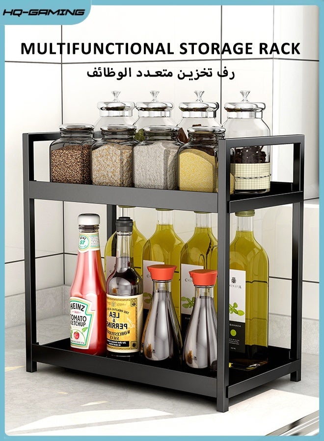 إتش كيو جيمنغ منظم رفوف التوابل للمطبخ من طبقتين لطاولة المطبخ، منظم رفوف طاولة القهوة، منظم رفوف الخزانة، رفوف طاولة المطبخ، تخزين المطبخ، رف التوابل، منظم برطمان التوابل (أسود) - Image 1