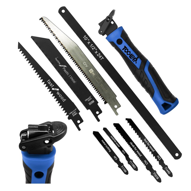 TOOLAN: 8-In-1 Multi Blades Hand Saw, Drywall Cutter. Hacksaw. Long Blade, Jab Saw, For Cutting Drywall, Sheetrock, Wood, Metel, Plastic, Plywood. Blade Quick Change Mechanism. Blue Handle - Image 1