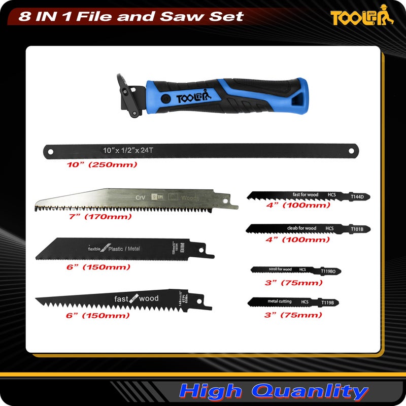 TOOLAN: 8-In-1 Multi Blades Hand Saw, Drywall Cutter. Hacksaw. Long Blade, Jab Saw, For Cutting Drywall, Sheetrock, Wood, Metel, Plastic, Plywood. Blade Quick Change Mechanism. Blue Handle - Image 2