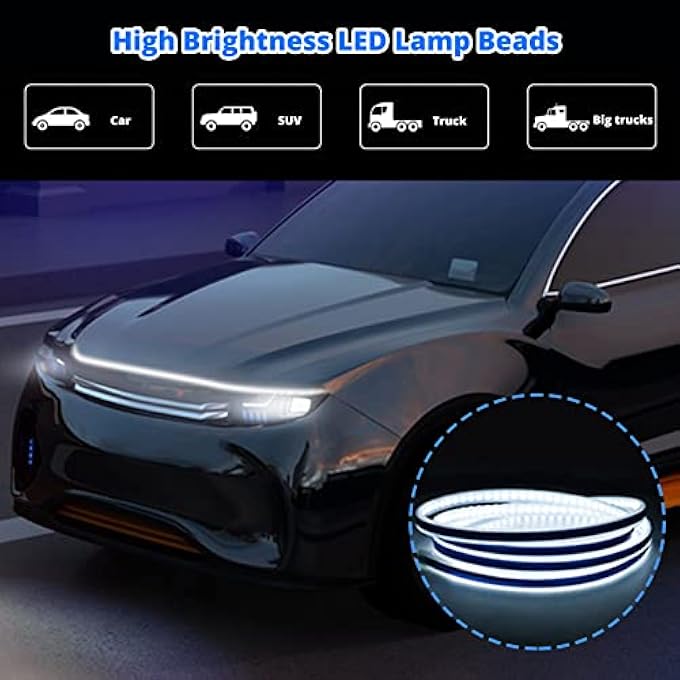 wisfunlly Car Hood Led Strip Lights Universal Engine Hood Guide Decorative Light 70 Flexible Hood Glow Lights Waterproof Daytime Running Light Exterior Car Led Lights For Cars Suvs TrucksWhite - Image 3