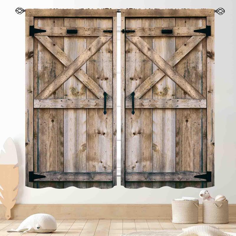 TKUYO Rustic Wooden Curtains, Farmhouse Western Wood Barn Door Cabin Plank Board Barnwood Garage Gate Vintage Country Blackout Window Treatment Drapery for Bedroom Living Room Bathroom Kitchen, 42"x45" Inch - Image 1