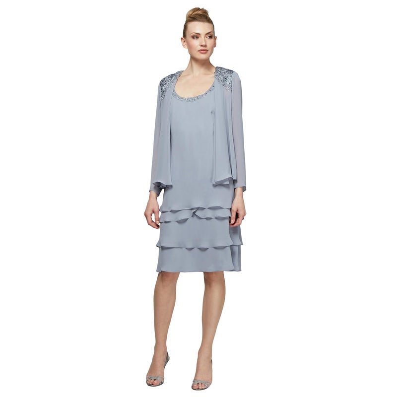 S.L. Fashions Women's Regular Mother of The Bride Tiered Jacket Dress with Shoulder Embellishment, Concrete, 10 - Image 5