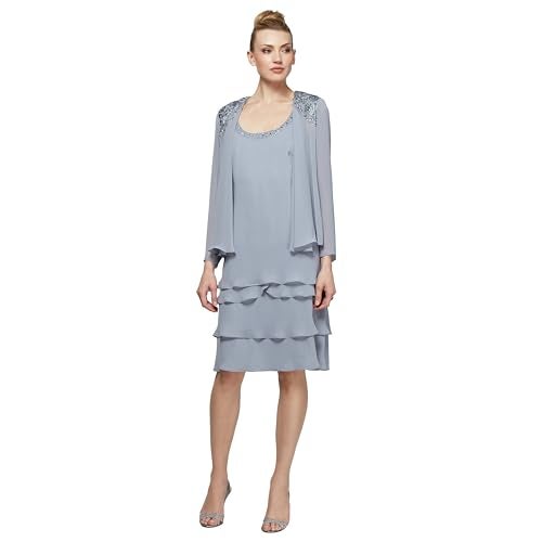 S.L. Fashions Women's Regular Mother of The Bride Tiered Jacket Dress with Shoulder Embellishment, Concrete, 10 - Image 1