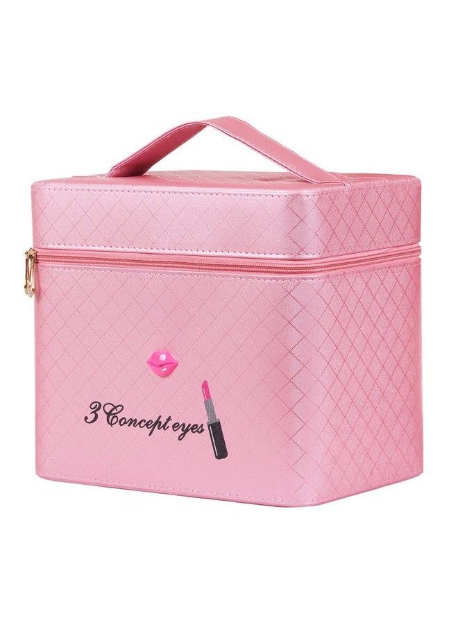 RONTENO - 18 Cms Makeup Vanity Box And Cosmetic Travel Bag For Women And Ladies With Mirror (Pink Assorted Color) - Image 1