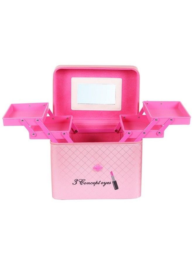 RONTENO - 18 Cms Makeup Vanity Box And Cosmetic Travel Bag For Women And Ladies With Mirror (Pink Assorted Color) - Image 1