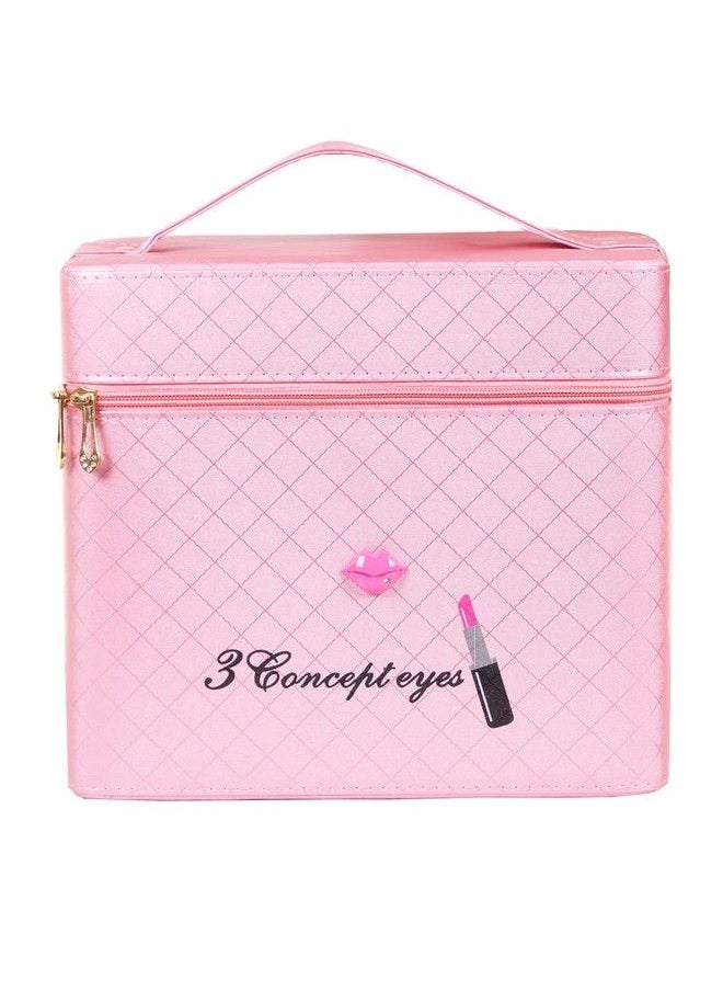 RONTENO - 18 Cms Makeup Vanity Box And Cosmetic Travel Bag For Women And Ladies With Mirror (Pink Assorted Color) - Image 1