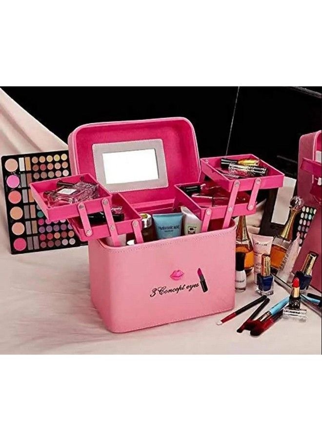 RONTENO - 18 Cms Makeup Vanity Box And Cosmetic Travel Bag For Women And Ladies With Mirror (Pink Assorted Color) - Image 1