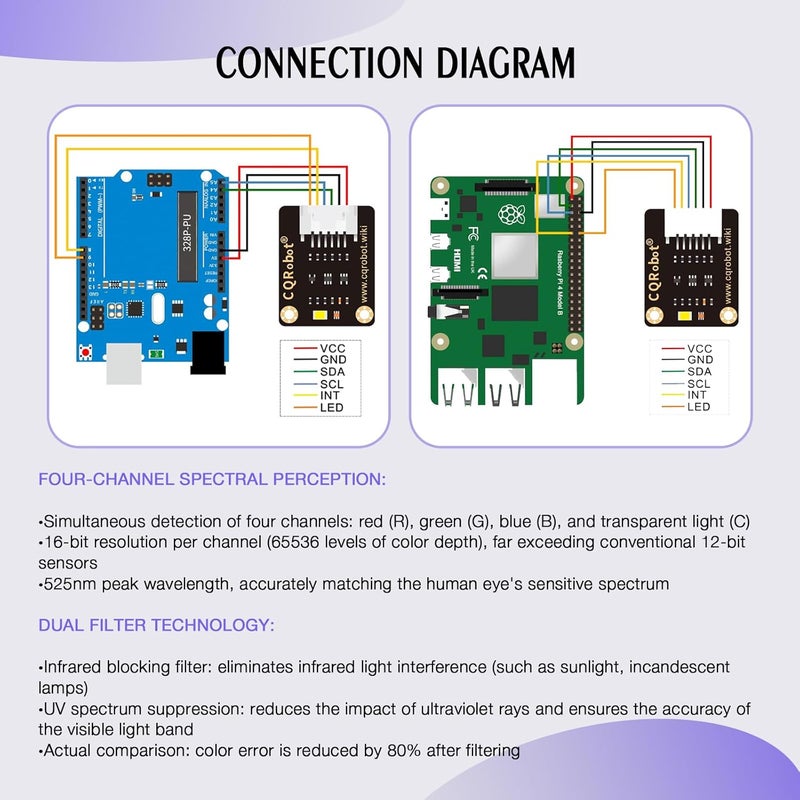 CQRobot TCS34725FN Color Sensor: RGB Color Data, Light Intensity, Compatible with Raspberry Pi/Arduino/STM32 - Image 5