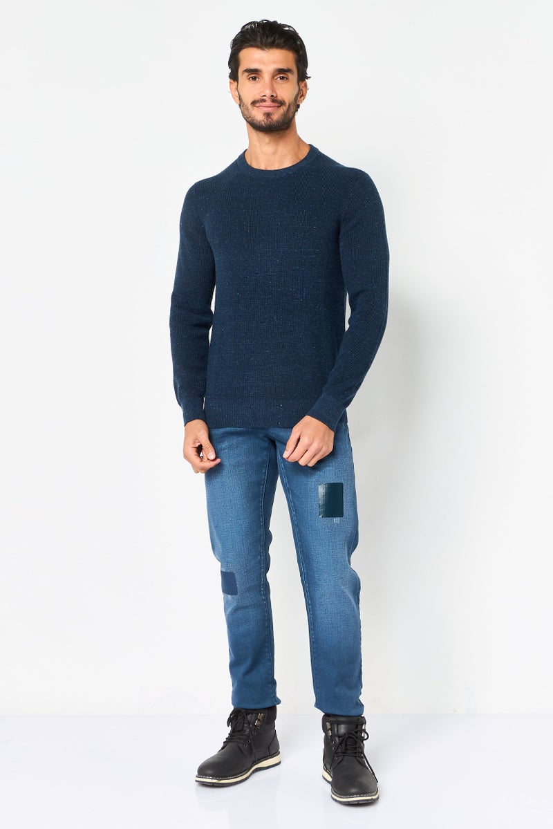 Celio Men Crew Neck Textured Long Sleeve Sweater, Navy - Image 3