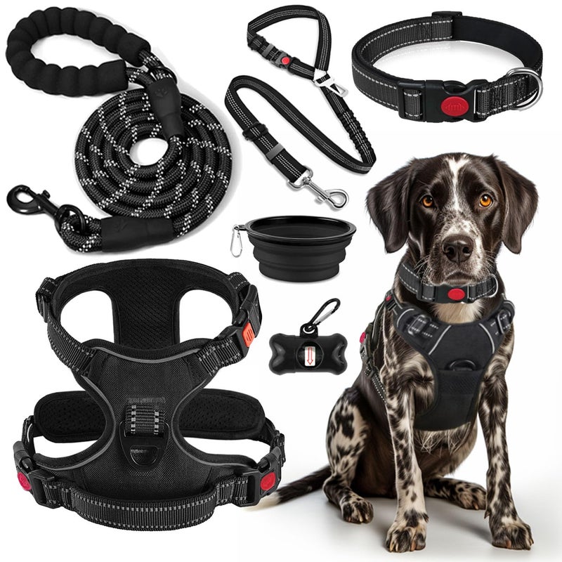 LOBEVE No Pull Dog Harness, Collar & Leash Set | Includes Dog Seat Belt, Collapsible Bowls & Poop Bag Dispenser. Ideal for Training, Walking, Hiking. Fits Small to Large Dogs(Black-XL) - Image 1