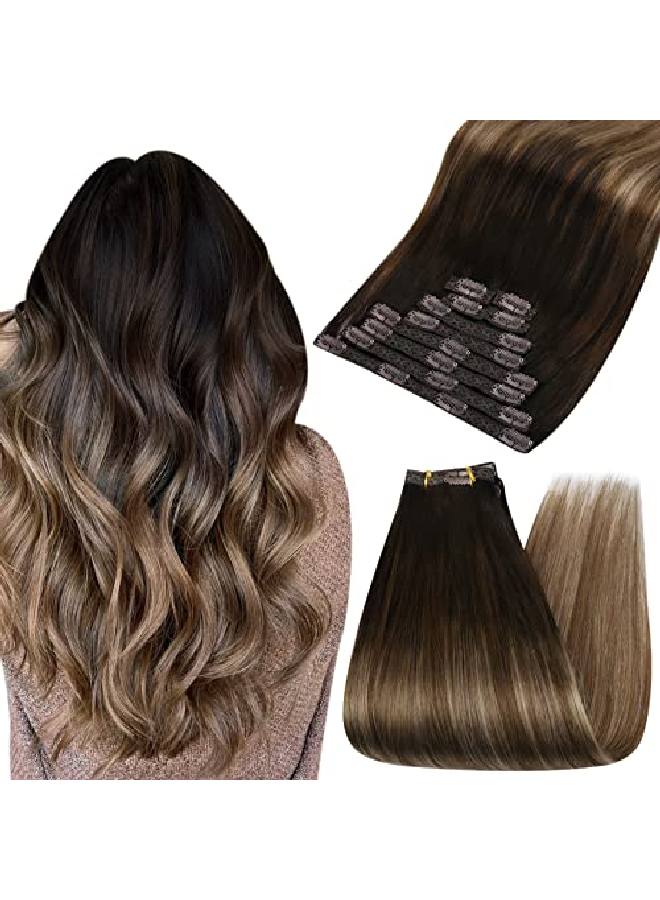 Ugeat 18 Inch Hair Extensions Clip In 2/6/12 Balayage Darkest Brown To Light Brown With Blonde Extensions Clip Ins 10 Pieces Clip In Hair Extensions Real Human Hair 120 Grams - Image 1