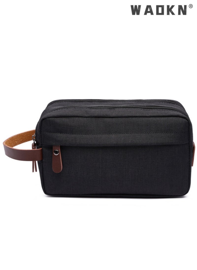 WAOKN Portable Travel Toiletry Bag, Men's Travel Organizer Kit, Shaving Facial Cleanser Bathroom Bag, Canvas Toiletry Organizer Bag, Canvas Organizer for Shampoo Shower Gel,with Handle (Black) - Image 3