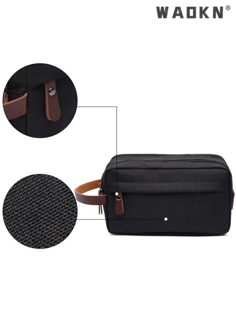 WAOKN Portable Travel Toiletry Bag, Men's Travel Organizer Kit, Shaving Facial Cleanser Bathroom Bag, Canvas Toiletry Organizer Bag, Canvas Organizer for Shampoo Shower Gel,with Handle (Black) - Image 2