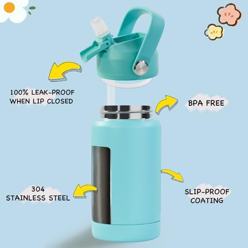 Kerilyn 12oz Insulated Water Bottle For Kids, Stainless Steel Insulated Kids Water Bottle, Toddler Cup With Straws Leak-proof, Kids Water Bottles For School Boys Girls, BPA Free, Green - Image 2